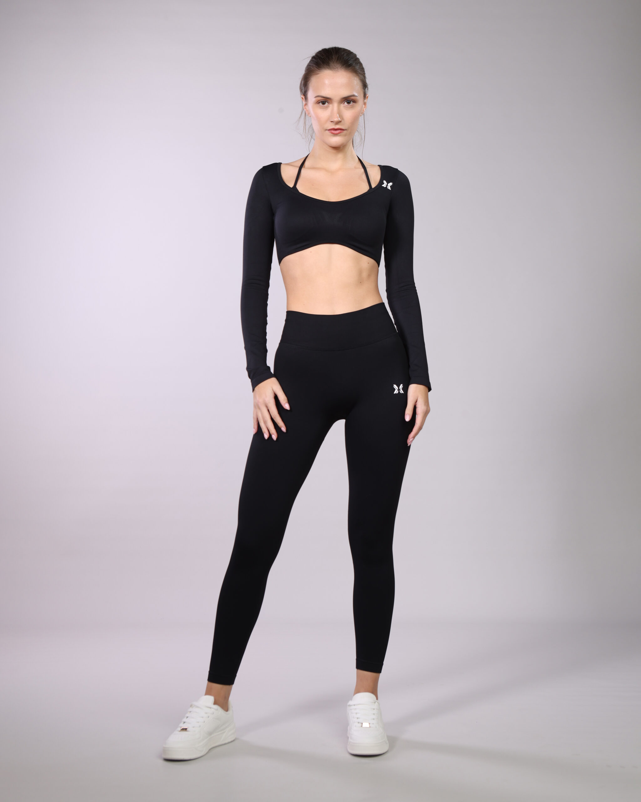 ROG_8236 Black Long Sleeve Athletic Crop Top and Leggings Set (W19 + W21) - Image 1